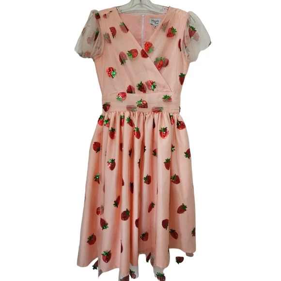 Nwot Magnolia Park Peach w/ Sequined Strawberries Faux Wrap Flutter Sleeve Dress - Picture 3 of 17
